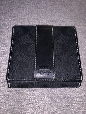 Coach Black Signature Canvas & Leather Compact Bifold Wallet